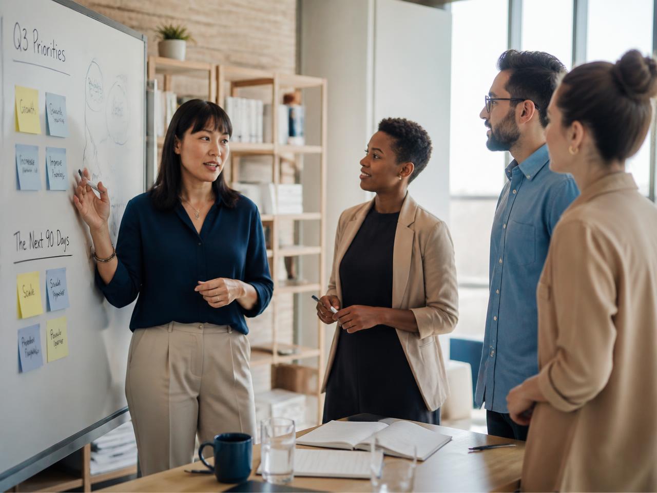 Leadership team in a workshop around a whiteboard