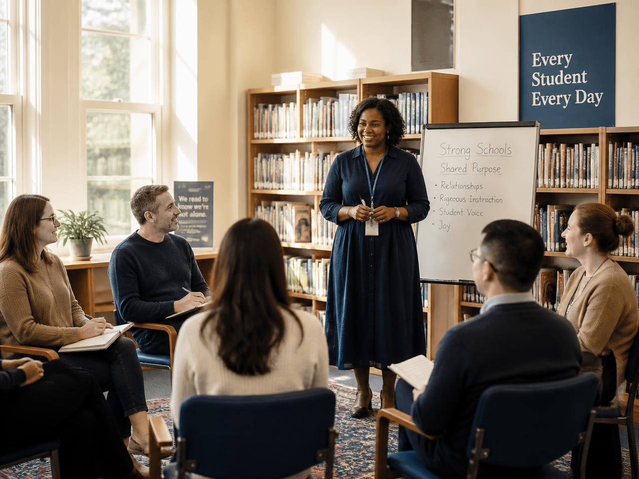 Teachers in a staff training session in a school library